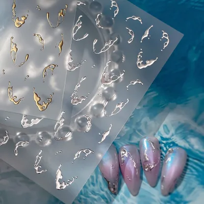 Metallic Silver 3D Glitter Curved Lines Patch Nail Stickers 3D French Japanese Style Nail Art Design Made Plastic Gel Material