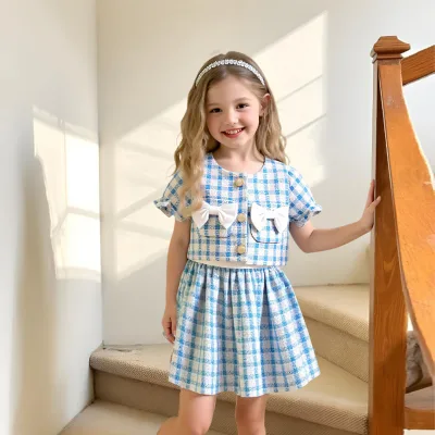 European and American Summer Hot Selling Girls Suits Small and Medium Children's Bow Puff Sleeve Jacket Sleeveless Dress
