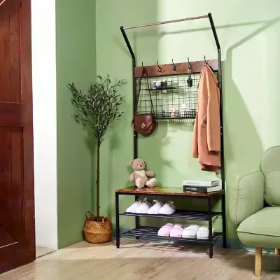Rustic Coat Rack Shoe Bench, Entryway Storage Bench, 3 Tier Shoe Rack and Coat Stand for Hallway Foyer Doorway Bedroom