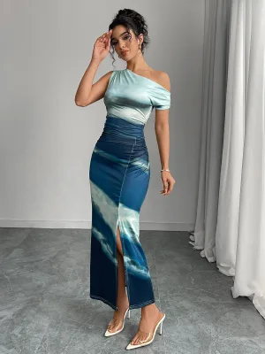 Sleeveless Dresses in Europe and America in Summer, One-step Slim Dress with Diagonal Shoulder Printing
