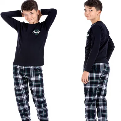 Boys' Winter Pajamas Home Suit Long Sleeve 95% Cotton 5% Elastane Interlock Plaid Soft Cartoon Warm Machine Wash