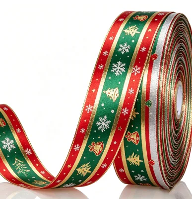 Gold Edge Christmas Satin Ribbon With Snowflake Tree Bell Print Holiday Gift Wrapping Bow Decorative Fabric Ribbon