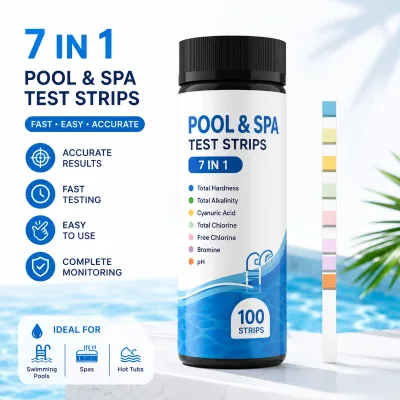 7 in 1 Pool & Spa Water Test Strips for Free Chlorine, Bromine, pH, Total Alkalinity, Total Hardness & Cyanuric Acid