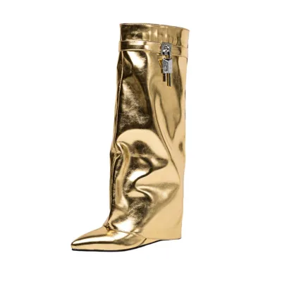 European and American Style Autumn Winter Fashionable Women's High-heeled Boots Western Belt Buckle Wedge Heel Pants Boots