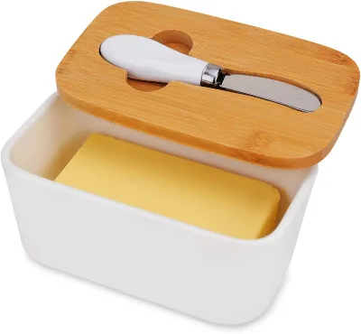 Butter Dish with Lid Ceramic Butter Keeper with Bamboo Cover & Steel Knife Porcelain Butter Bowl Holder Container