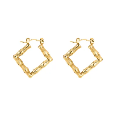 Women's Trendy Gold-Plated Stainless Steel Hoop Earrings Bamboo Texture Geometric U-Shape Square Fashionable Gift