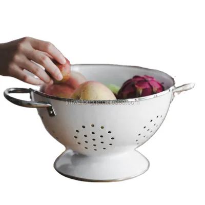 Kitchen White Metal Vegetable Fruit Colander with Handles