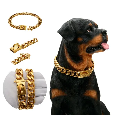 La Laisse Du Chien Gold Dog Chains Collar Hundeleine Heavy Duty Stainless Steel Cuban Link Dog Collar Turn-down Collar Longo