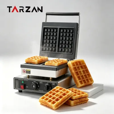 TARZAN Double Square Waffle Baker Stainless Steel Electric Belgian Waffle Machine Adjustable Temp Timer for Breakfast Catering
