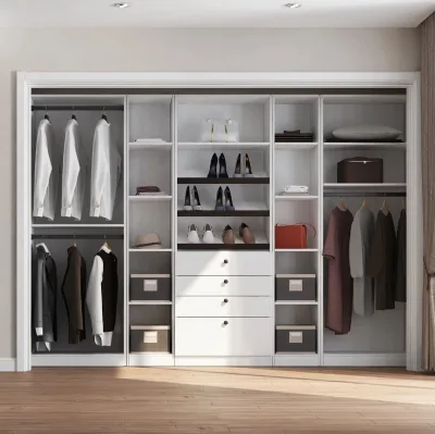 Modular Open Walk-In Closet System Wood Grain Wardrobe with LED Interior Lighting & Freestanding Storage Dresser Island