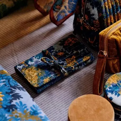 Luxury Plant Print Jewelry Pouch Bags Fabric Packaging Box Necklace Earring Ring Bags Quilted Makeup Brush Storage Roll Bag
