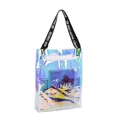 Stock Customized PVC Laser Souvenir Medium Shoulderbag Advertising Use Printed Logo Colorful Jelly Design Letter Pattern Handles