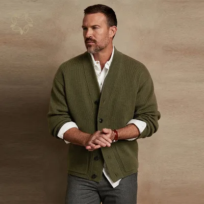 100% Organic Cotton Ribbed Knit Cardigan Eco Friendly Oversized Merino Blend Cardigan Sustainable Men's Open Sweater