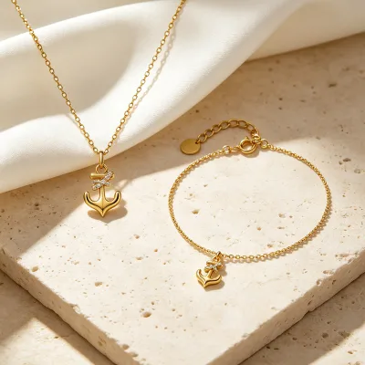 Fine Jewelry 925 Sterling Silver 18k Gold PlatedMinimalist Cross Chain Bracelet Cubic Zirconia Anchor Pendant Necklace Women