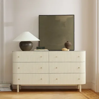Factory Direct Price Modern Fluted Chest of Drawers White Curved Edges Sideboard Solid Wood Legs 6-Drawer Bedroom Organization