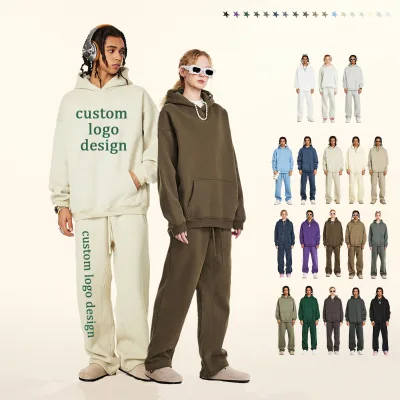 High Quality Unisex 2piece Casual Solid Custom logo 345g Plus Size Hoodies and Sweat Pants Set for Men