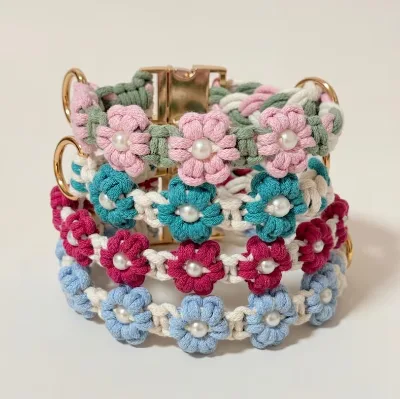 Personalized Macrame Braided Cotton Rope Hand Woven Dog Cat Collar Boho Paracoed Flower Adjustable with Engraved Name ID Tag
