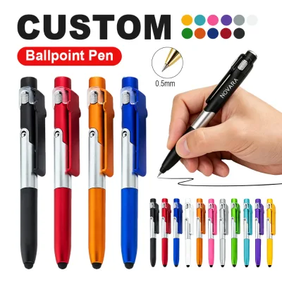 Custom Four in One Capacitive Touch Screen Mobile Phone Holder LED Foldable Light Plastic Ballpoint Pen Promotional Gift