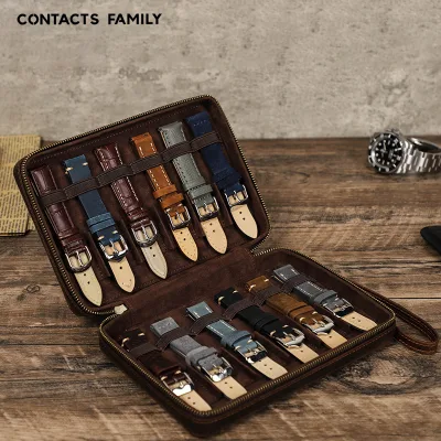 Vintage 12 Slots Watch Straps Carrying Case Bag Organizer Genuine Leather Watch Band Storage Box for Apple Watch Band Storage