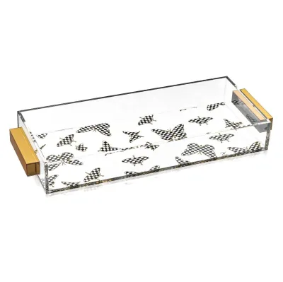 Light Luxury Gold Floral Printed Acrylic Tray with Double Gold Edged Handles, Transparent Storage Tray Coffee Table Storage Tray