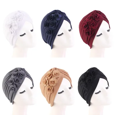 New Design Hand Made Daily Wear Female Twist Style Flowers Pattern Polyester Ruffle Turban for Women