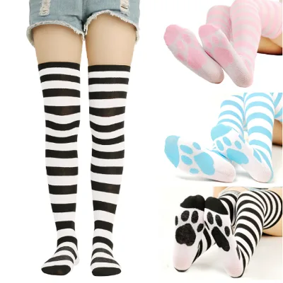 F978 Japanese Korea Style Over the Knee Stocking Cute Cat Claw Cotton Thigh High Socks Striped Women Lady Knitted Socks Custom