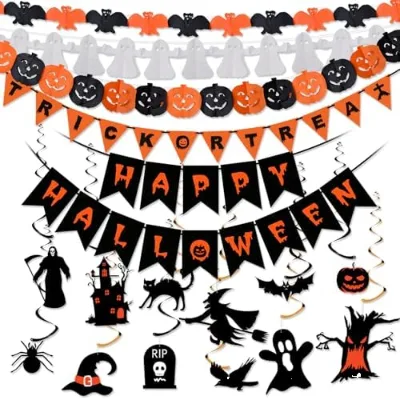 Halloween Reusable Paper Rectangle Decorations Set Hanging Spooky Outdoor/Indoor Trick Treat Sign Party Supplies
