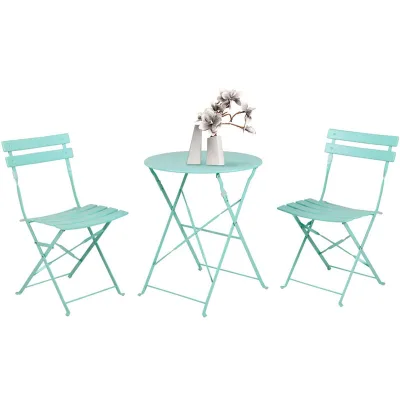 Outdoor/Indoor Conversation Set for Patio Yard Garden Macaron Blue Metal Folding Bistro Garden Furniture Table and Chairs Set