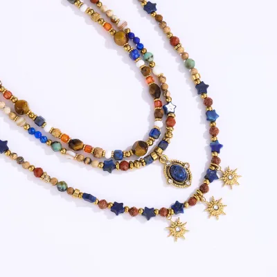 Stainless Steel Necklace with Tiger Eye & Colorful Stone Star Burst Pendant Bohemian Vintage Jewelry for Women