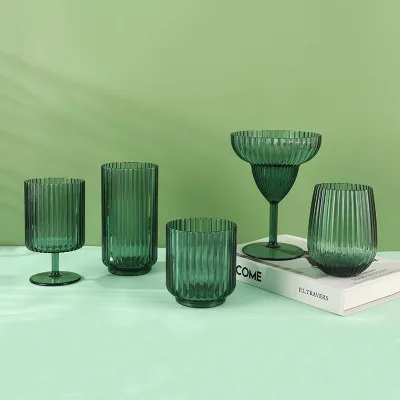 Wholesale Custom Shatterproof Goblet Outdoor Wine Glass Elegant Green Ripple Plastic Wine Glass with Ridges