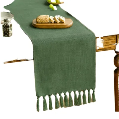 Solid Color Bamboo Tassel Table Runner Imitation Linen Polyester Long Strip Tea Flag Cover Cloth Simple Tassel Tablecloth
