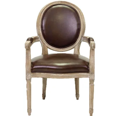 American Country Retro Antique Style Oak Wood Brown Genuine Leather Armchair Dining Chair