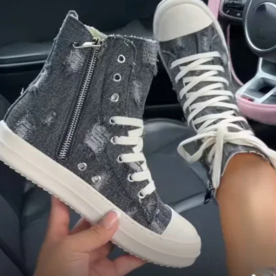 Womens Canvas High Top Casual Sneakers EVA Midsole Distressed Zipper Lace up Streetwear Shoes for Women All Season Everyday Wear
