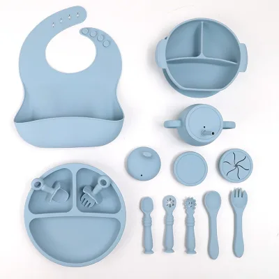 Silicone Baby Bibs Kids Feeding Accessories Bowls Spoons Plates 15pcs of Children's Tableware Sets