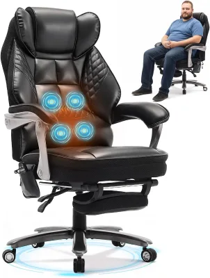 Big and Tall Office Chair with Massage and Heat, 23.5" Wide Leather Office Chair with Back Support, Ergonomic Comfort