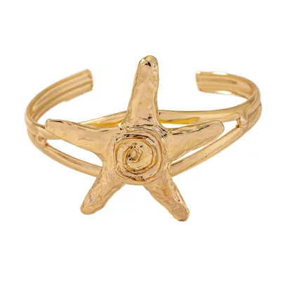 Summer Resort Seaside Swirl Starfish Cuff Bracelet Women's Vintage Fashion Blue Turquoise Alloy Statement Jewelry Bangles