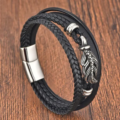 Custom Magnetic Braided Leather Bracelet with Stainless Steel Cuban Chain