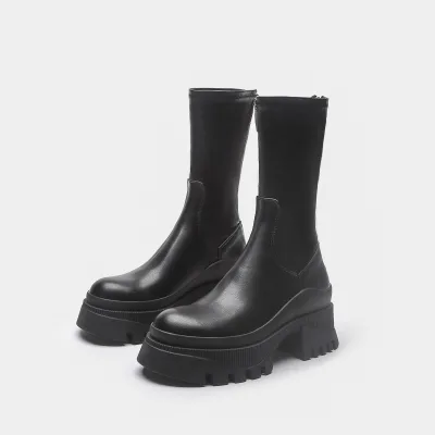 Womens Platform Boots Mid Calf PU Upper Rubber Lug Sole Side Zip Chunky Fashion Footwear for Women Everyday Street Style