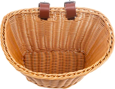 Wholesales Durable Bike Basket Poly Rattan Brown Flower Basket Hand-Woven Wicker Bicycle Double Basket With Leather Strap