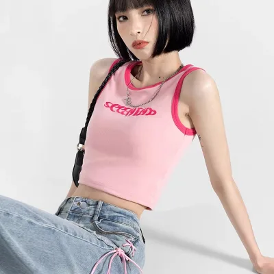 Custom Fashion Cotton Spandex Crop Top Streetwear Embroidery Logo Women Ringer Cropped Y2K Top High Quality