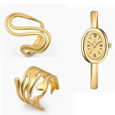 3pcs Ring Watch Fashion Set Minimalist Quartz Watch Geometric Lines Open Ring 18k PVD Gold Plated