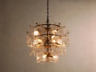 Modern Multi-Tier Curved Glass Round LED Brass Chandelier with Touch Control Vintage Adjustable Height Hanging Lamp for Dining