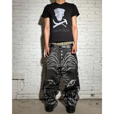 Customized Polka Dot Tiger Print Loose Straight Japanese Red-collared Denim Jeans 100% Cotton Washed