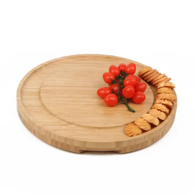 Round Bamboo Wood Cutting Board ,bamboo Wooden Cheese Board with Two Hidden Drawer