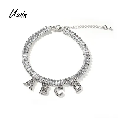 Uwin 2022 New Design DIY Name Bracelet Square Tennis Chain Custom Letter Anklet Cubic Zircon Personalized Initials Name Choker