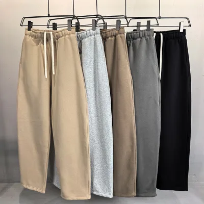 Men Heavyweight Sweatpants Fleece Drawstring Loose Wide Leg Curved Knife Casual Trousers Solid Color Streetwear Fall Long Pants