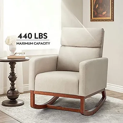 Modern High Back Armchair Comfortable Fabric Rocker Padded Seat Wood Base Living Room Rocking Chair