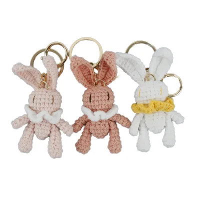 Cute Cartoon Carrot Long Ears Rabbit Handmade Crochet Plush Eco-Friendly 3D Shape Keychain Bunny Doll Bag Charm