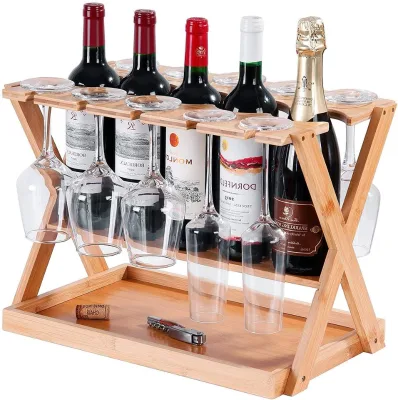 Wood Countertop Wine Racks Hold 5 Wine Bottles 10 Glasses Sturdy Bamboo Wine Bottle Glass Holder for Kitchen Bar