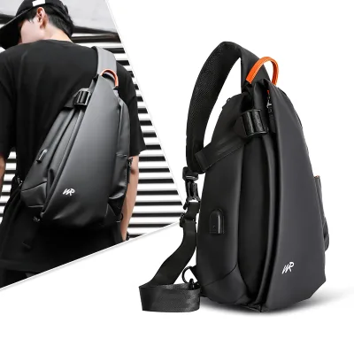 Men's Fashionable PU Leather Film Crossbody Travel Shoulder Bag with USB Port Waterproof Outside Chest Bag